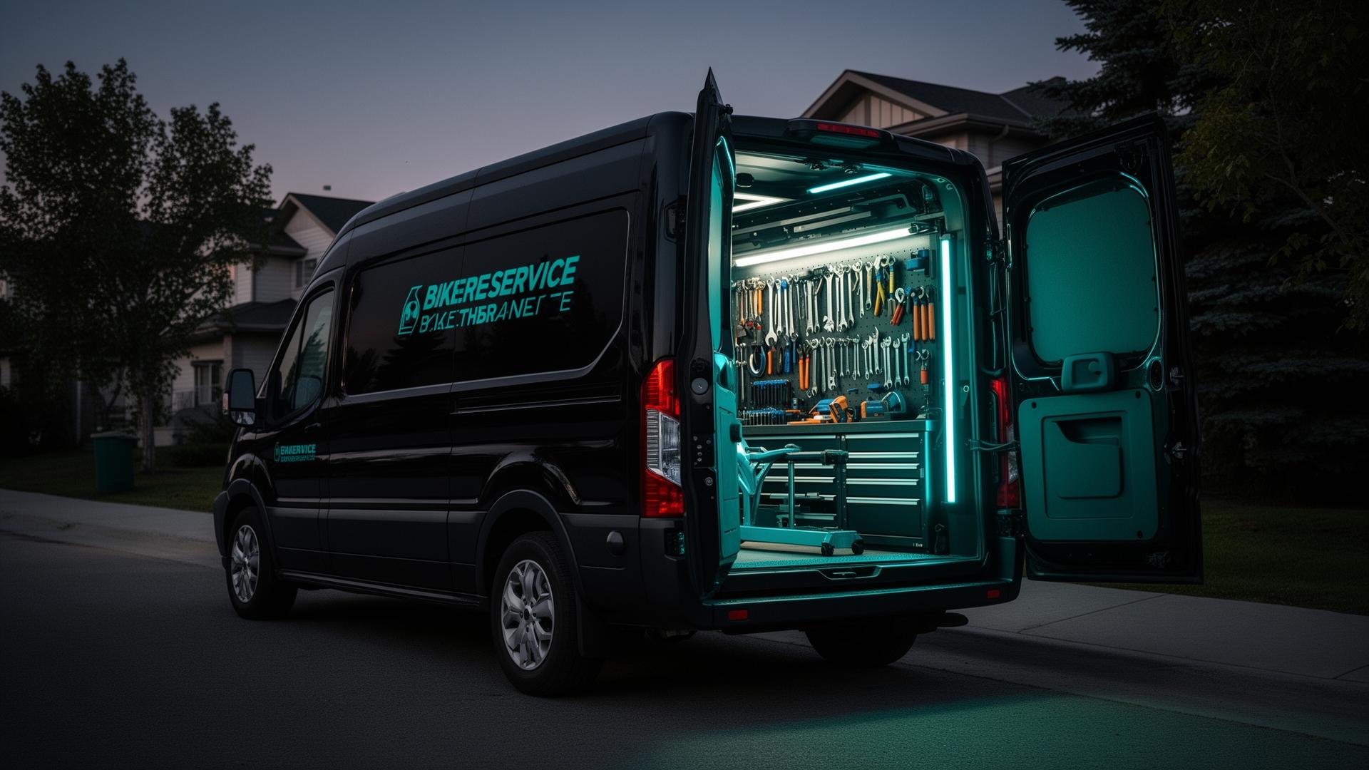 Bike Butler GO rescue van at dusk with illuminated tool wall